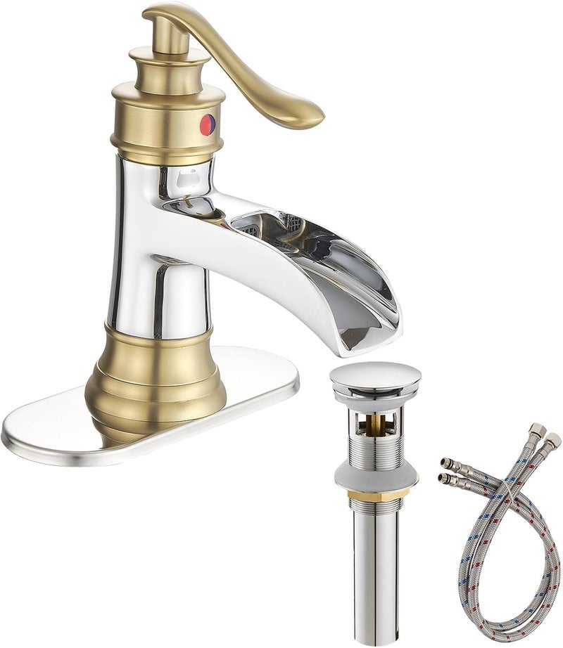 Homevacious Bathroom Faucet Waterfall Sink Faucets Bathroom Widespread Single Handle Chrome and Gold for 1 or 3 Holes Rustic Vanity Farmhouse with Pop-up Drain Deck Plate Hose - Image 1